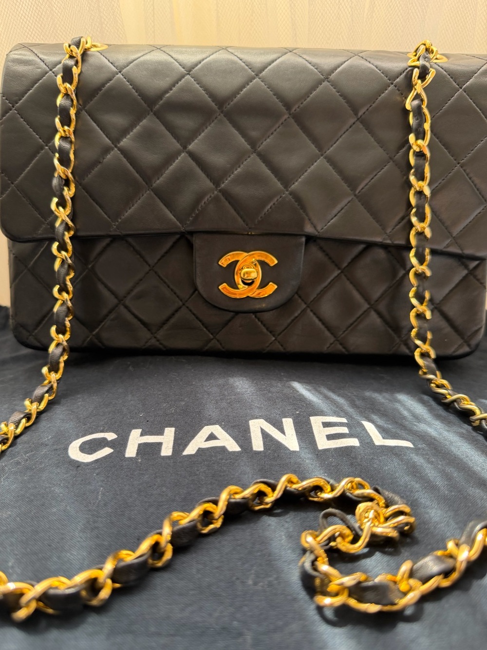 CHANEL Vintage Double Flap Leather Black Quilted Bag 24KGold